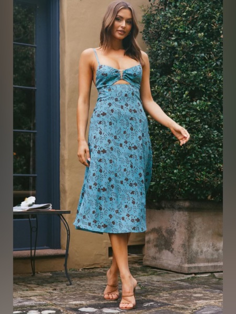 Blue Floral Midi Dress Satin Cutout Bust Strappy A-Line S NWT